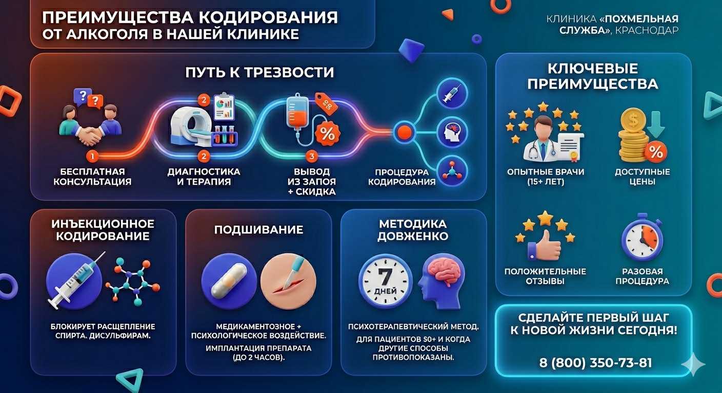 Инфографика о методах кодирования от алкоголя в Юце: инъекции, подшивание, метод Довженко. Преимущества клиники и этапы лечения.