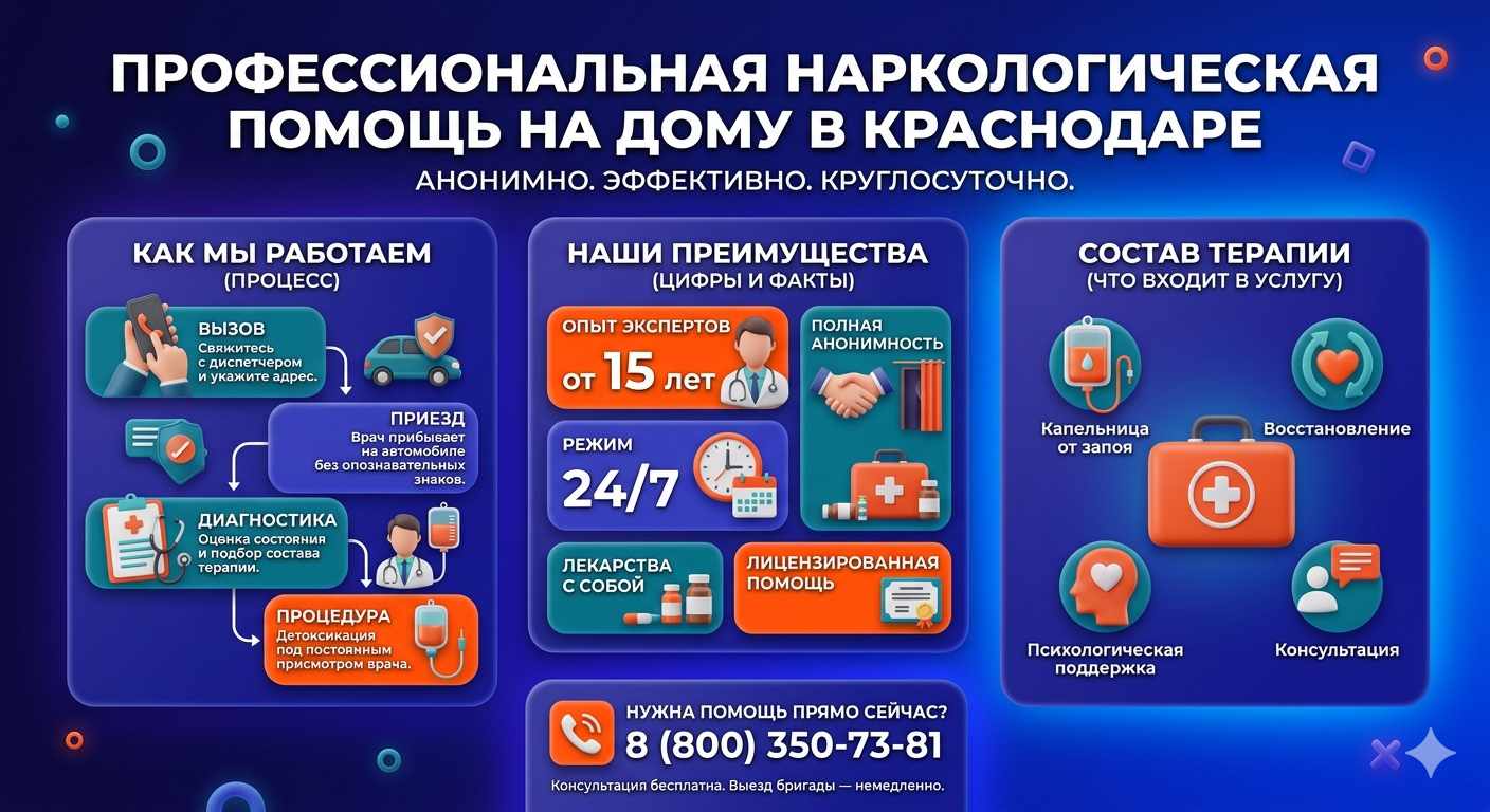 Инфографика о принципах лечения алкоголизма на дому в Юце: этапы вызова нарколога, преимущества анонимной детоксикации и состав медицинской помощи.